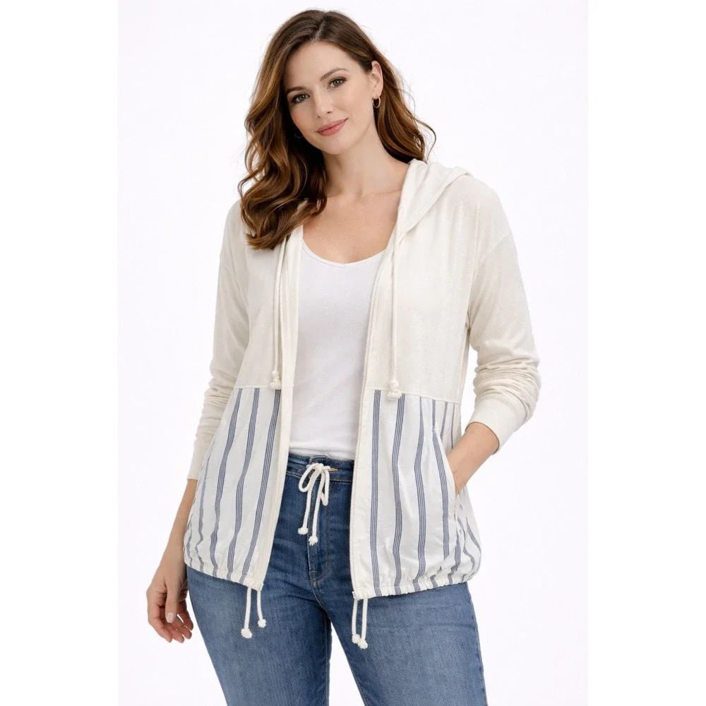 Mello Day Hooded Cardigan Womens Medium Cream Blue Striped Mixed Media Open Fron